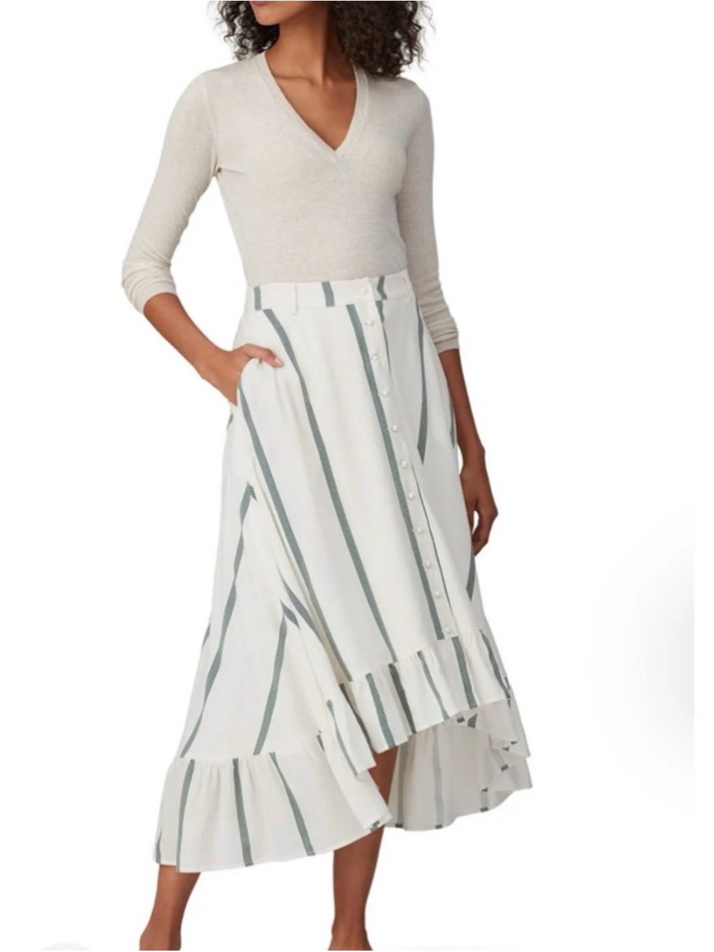 Sancia Midi Silk Skirt Fully Lined Green and White Stripe w/ Ruffle Hem size XS